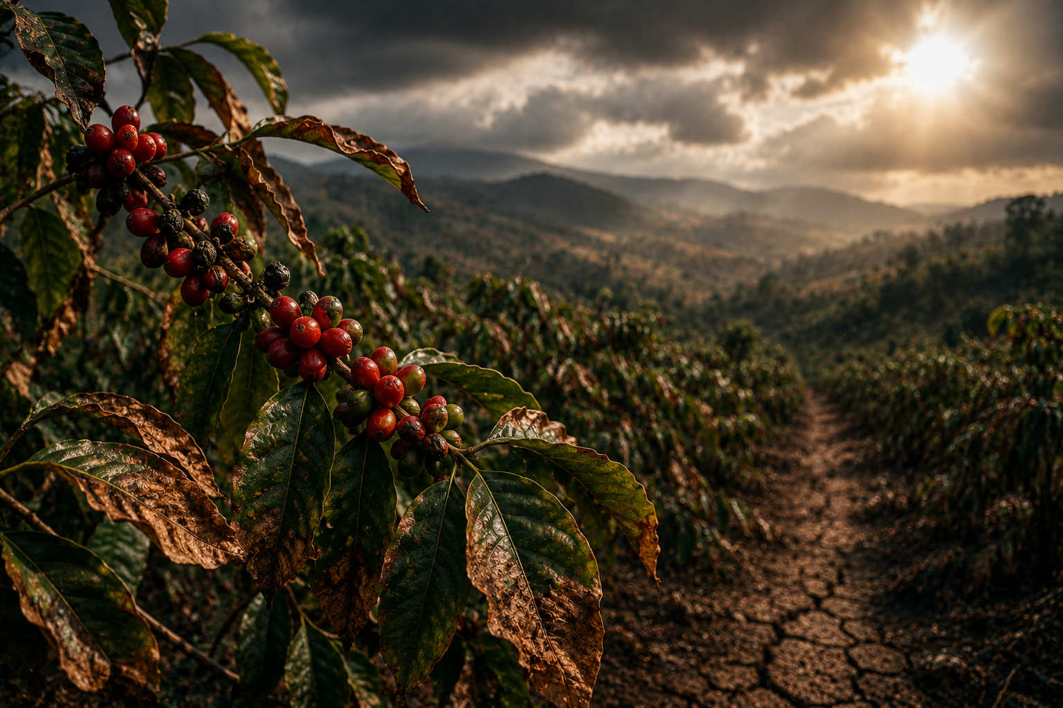 A coffee plant with drying leaves and uneven ripening cherries stands in a sun-scorched plantation with cracked soil and distant hills, symbolizing climate stress and the looming threat to global Arabica coffee production.