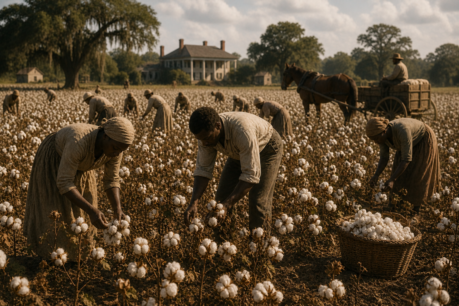A realistic historical scene showing enslaved people working in a cotton field under supervision, with a plantation house and horse-drawn cart in the background, capturing the harsh conditions and agricultural labor that defined slavery-era economies.