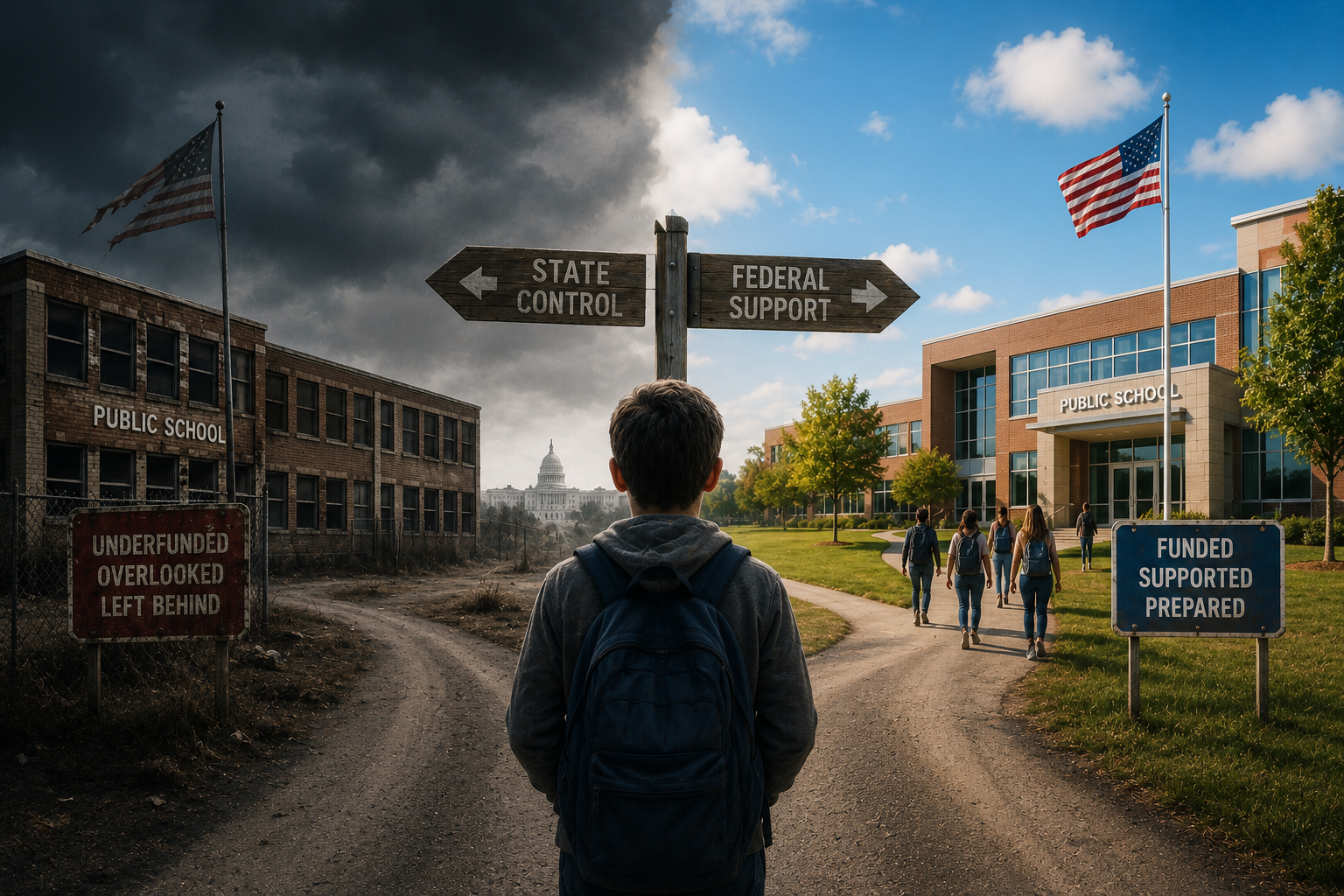 A student stands at a fork in the road between two contrasting school environments—one deteriorated and underfunded, the other modern and well-resourced—symbolizing the growing divide in the U.S. education system under shifting federal and state control.
