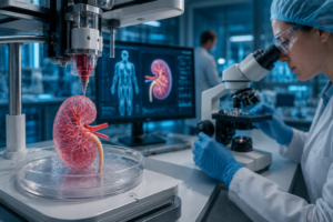 A photorealistic futuristic laboratory scene showing a 3D bioprinter creating a detailed artificial human kidney inside a sterile medical lab. A scientist in protective gear examines the process through a microscope while digital medical displays show anatomical kidney data in the background.