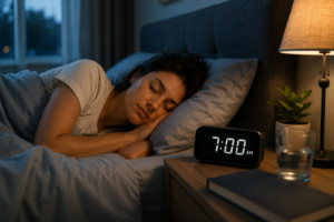 A woman sleeps peacefully in a softly lit bedroom beside a digital clock displaying 7:00 AM, symbolizing healthy sleep habits and the connection between optimal sleep duration and longevity.