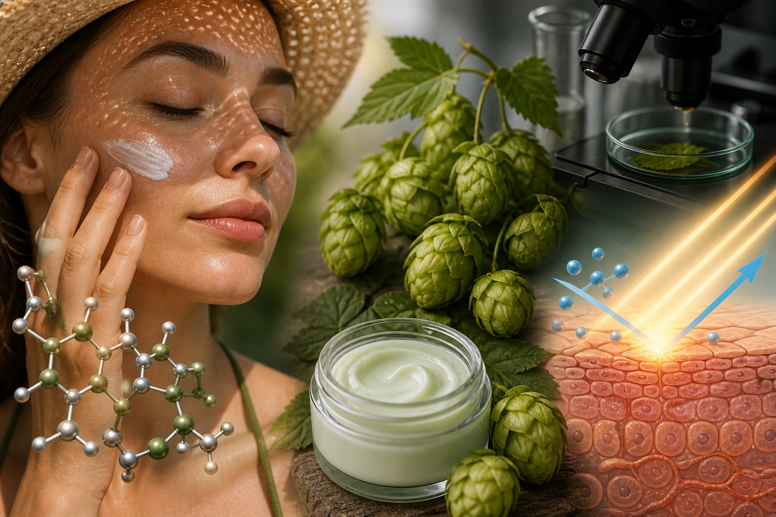 A realistic skincare scene showing a woman applying cream to her face under sunlight, surrounded by fresh hop plants, a cosmetic jar, and laboratory equipment, alongside a visual representation of skin layers interacting with UV rays, illustrating natural plant-based sun protection.