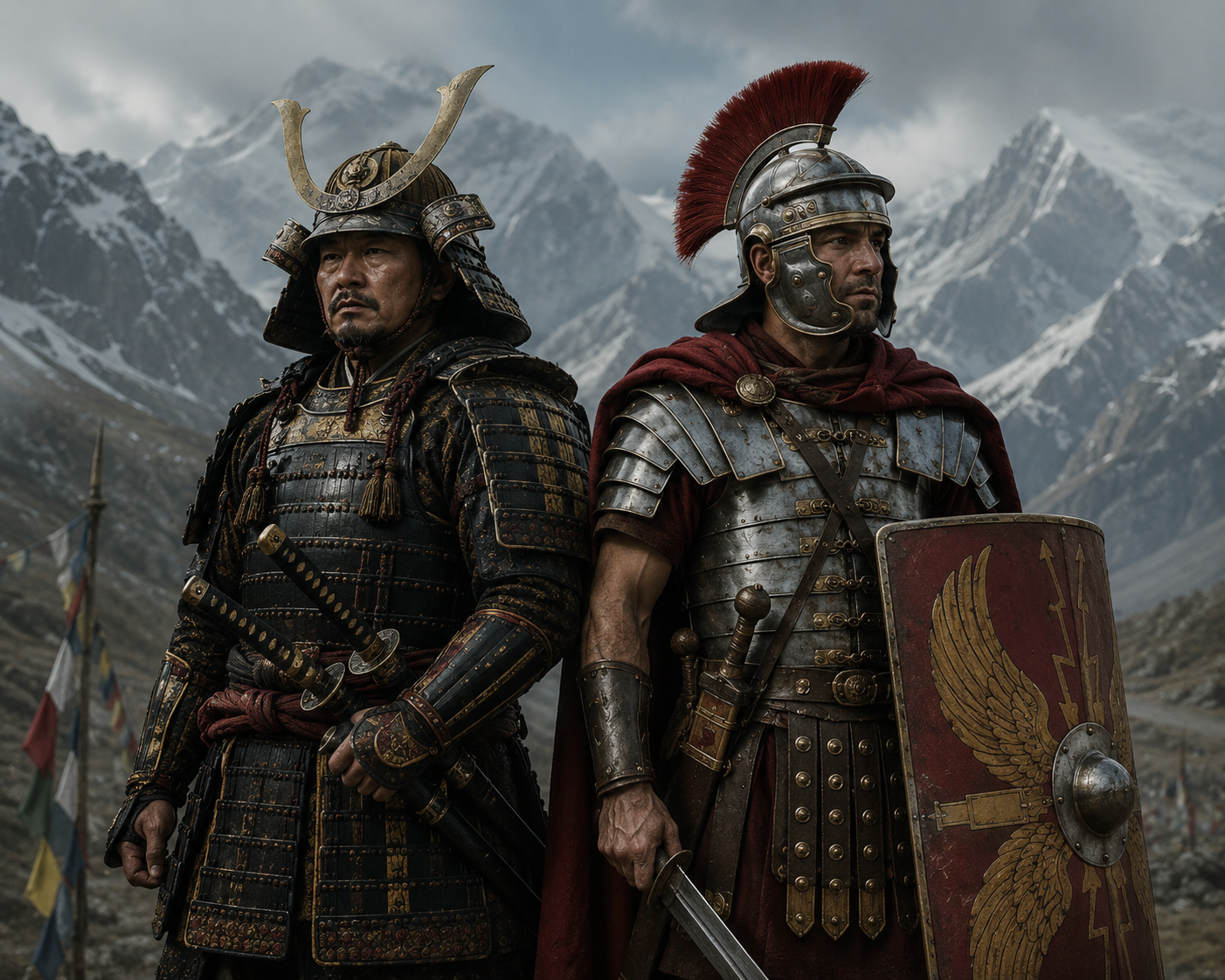 A Roman legionary in metal armor and a samurai in traditional Japanese armor stand side by side in a mountainous landscape, symbolizing a hypothetical encounter between two historic warrior cultures.