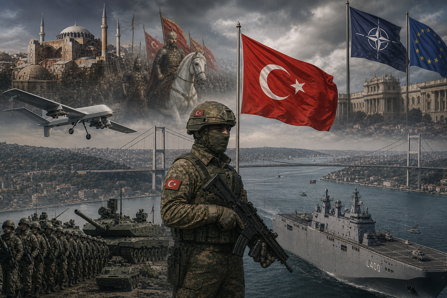 A realistic geopolitical montage showing a modern Turkish soldier in the foreground, with tanks and troops behind him, a naval warship and drones over the Bosphorus Strait, Turkish, NATO, and EU flags waving, and faint historical imagery of Ottoman warriors and Istanbul landmarks in the background, symbolizing Turkey’s military power and historical legacy.