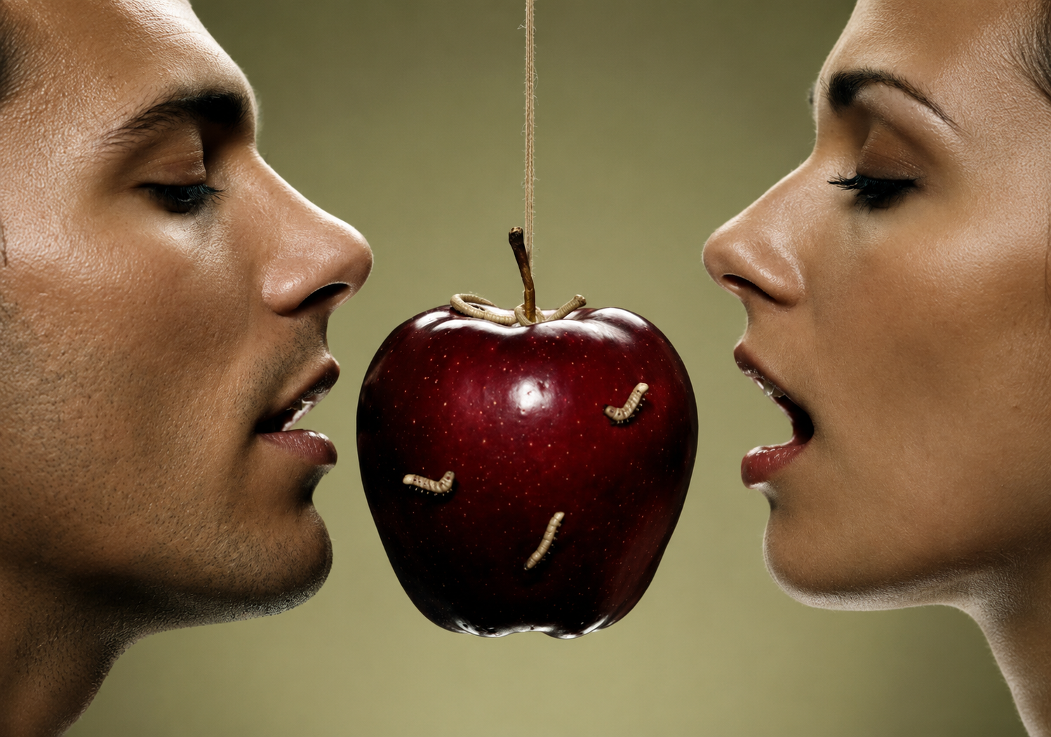 Close-up profiles of a man and a woman with open mouths facing a hanging, shiny red apple infested with worms, representing temptation and bacterial STIs under a news headline banner
