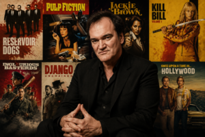 Quentin Tarantino sits in front of a collage of posters inspired by his most famous films, including crime, western, martial arts, and war-themed movies, symbolizing his impact on modern cinema and pop culture.