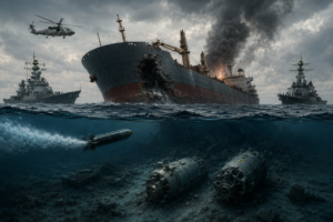 A dramatic photorealistic scene of a heavily damaged cargo ship sinking in stormy Mediterranean waters while escorted by two military warships. Dark smoke rises into an overcast sky as a helicopter hovers overhead. Beneath the ocean surface, a torpedo moves through the water toward the wreckage, while two large reactor-like industrial cylinders rest on the seabed among debris, creating a tense atmosphere of covert naval conflict and geopolitical crisis.