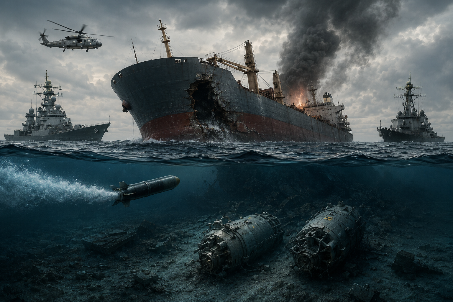 A dramatic photorealistic scene of a heavily damaged cargo ship sinking in stormy Mediterranean waters while escorted by two military warships. Dark smoke rises into an overcast sky as a helicopter hovers overhead. Beneath the ocean surface, a torpedo moves through the water toward the wreckage, while two large reactor-like industrial cylinders rest on the seabed among debris, creating a tense atmosphere of covert naval conflict and geopolitical crisis.
