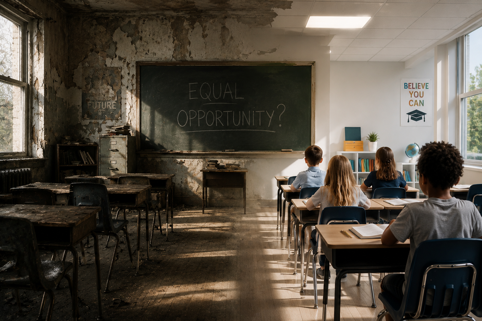 A classroom split into two contrasting halves: one side is deteriorated and underfunded, while the other is bright and modern with engaged students, illustrating inequality in education and the divide between public and private school systems. 1Password menu is available. Press down arrow to select.