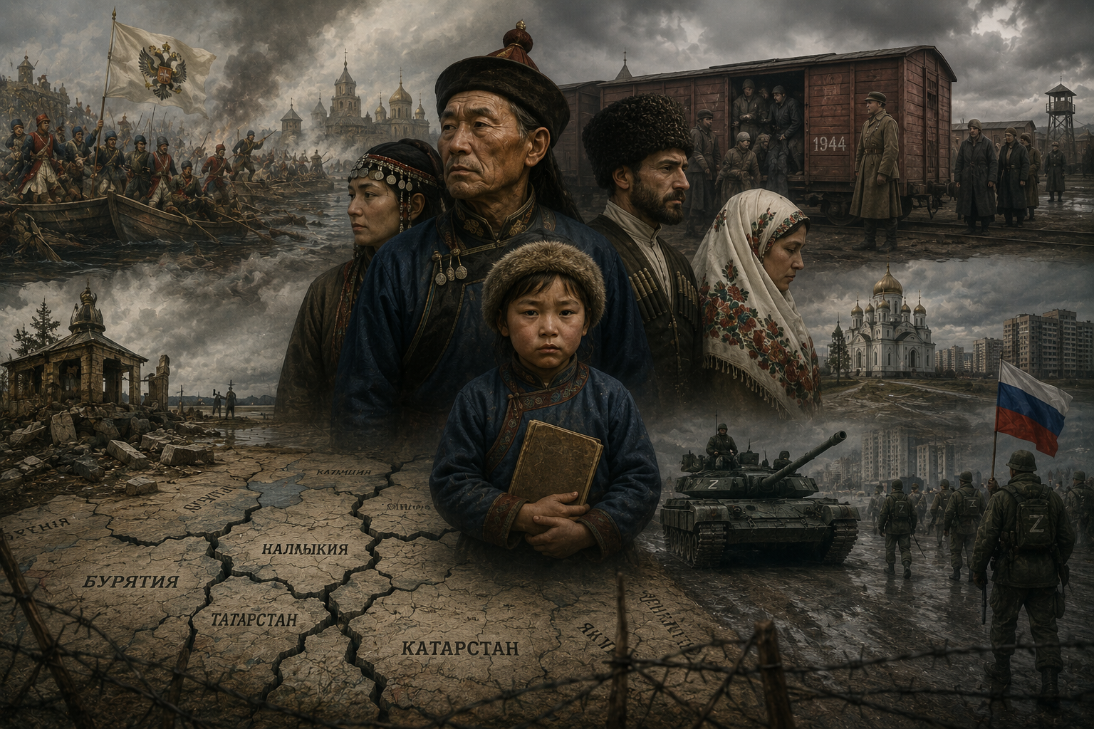A somber scene depicting indigenous figures in traditional attire against a backdrop of military presence, deportation trains, and damaged cultural sites, symbolizing historical conquest, displacement, and the erosion of identity within an expanding state.