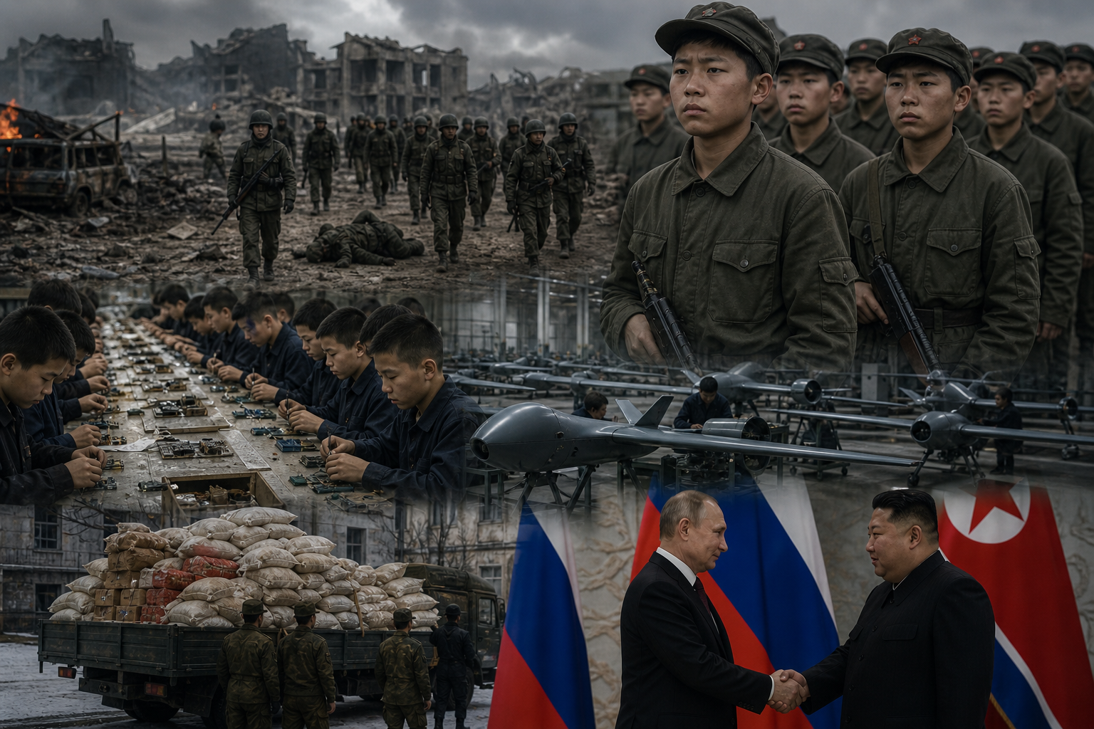 A realistic war collage showing young uniformed soldiers and teenage factory workers assembling drones, a разрушенный battlefield with troops advancing, trucks loaded with food supplies, and two leaders shaking hands in front of national flags, symbolizing the alliance between North Korea and Russia.
