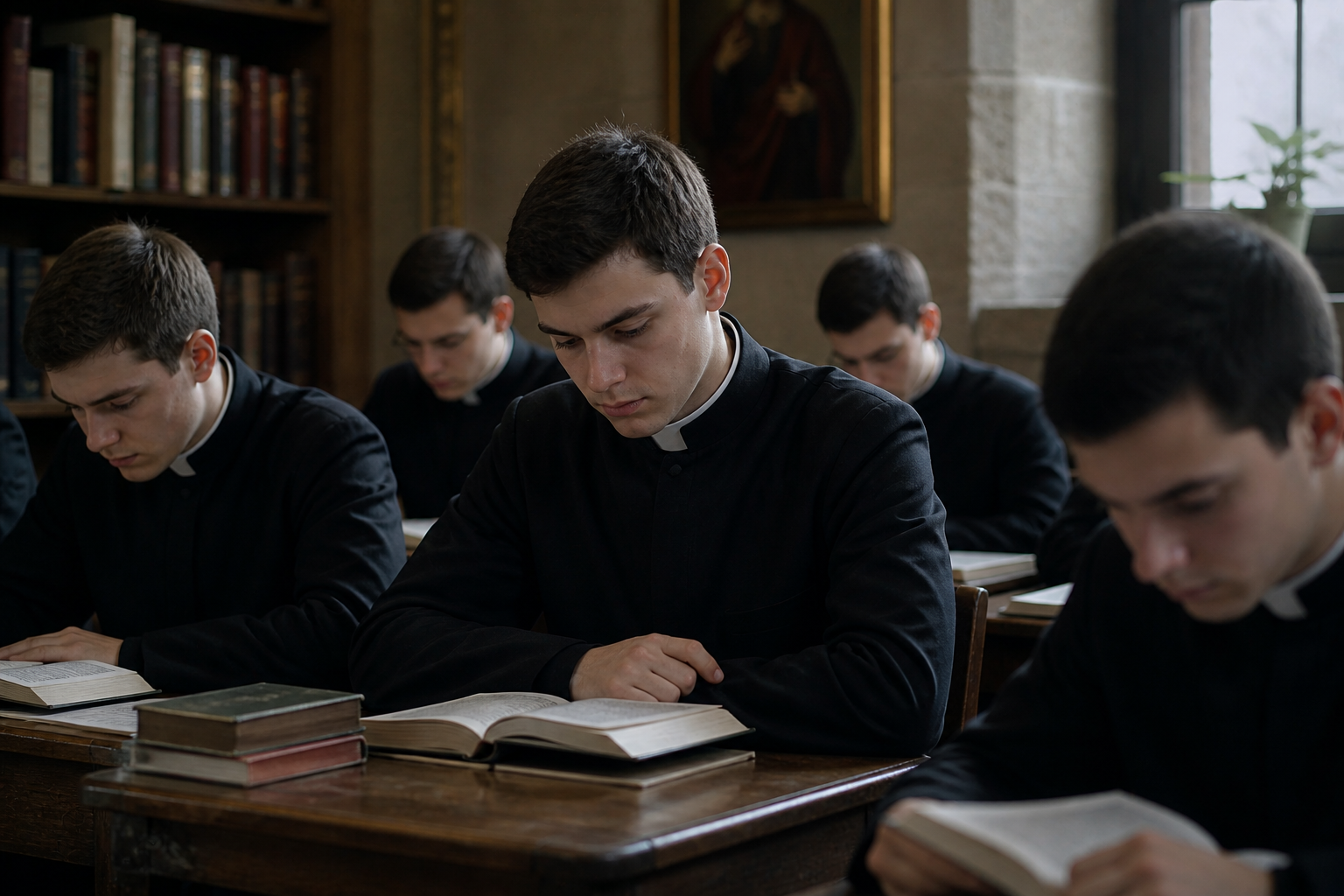 A realistic scene of seminarians in black clerical attire sitting at wooden desks in a quiet, dimly lit classroom, reading religious texts with focused expressions, surrounded by bookshelves and soft natural light from a window.