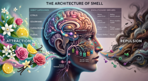 Illustration of the architecture of smell showing a human profile with brain and olfactory receptors processing scents; pleasant aromas like citrus, flowers, and vanilla on the left labeled “Attraction,” and unpleasant smells like smoke and decay on the right labeled “Repulsion.”