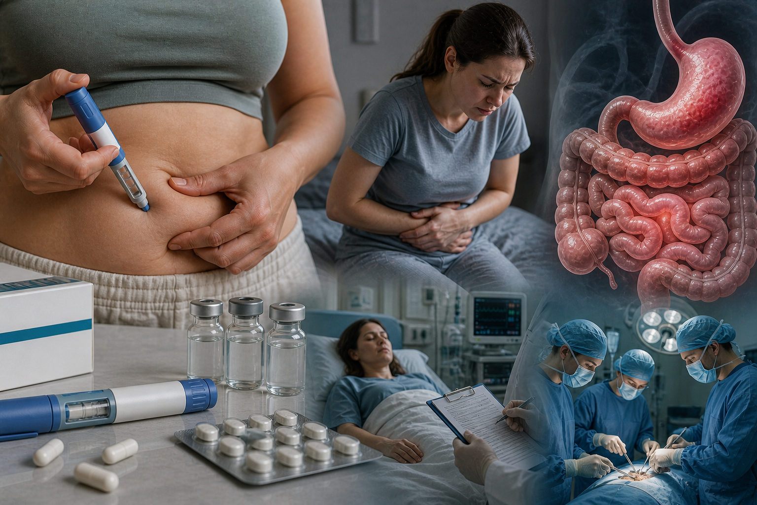 A realistic medical scene showing a person injecting a weight-loss medication into the abdomen, alongside imagery of severe stomach pain, a hospital setting, and a detailed view of the digestive system, highlighting the risks of unsupervised GLP-1 drug use.