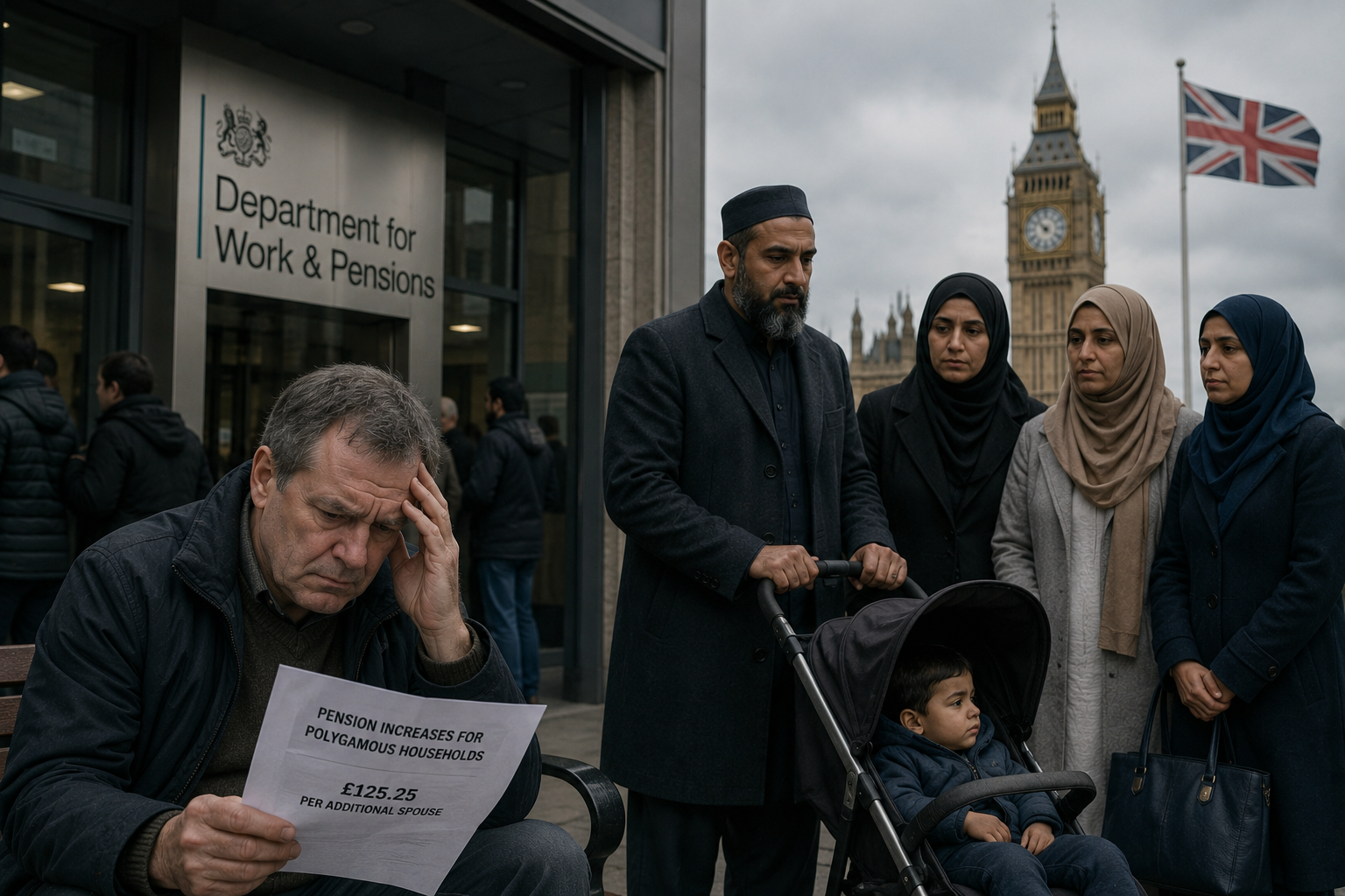 A man sits outside a government building reading a pension notice while a family stands nearby, with Big Ben in the background, illustrating public debate and social tension around welfare policies in the United Kingdom.