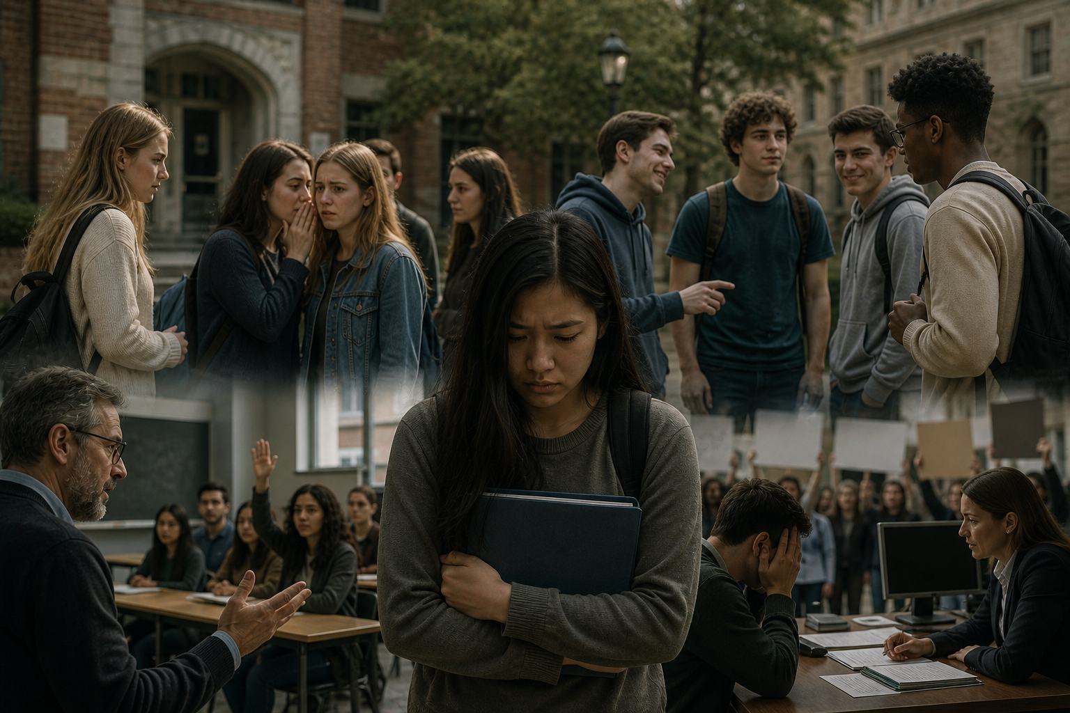 A realistic scene of a distressed student standing alone on a university campus, surrounded by groups of peers who ignore or exclude her, with additional scenes of a classroom, administrative office, and student protest in the background, illustrating isolation, bias, and institutional inaction.
