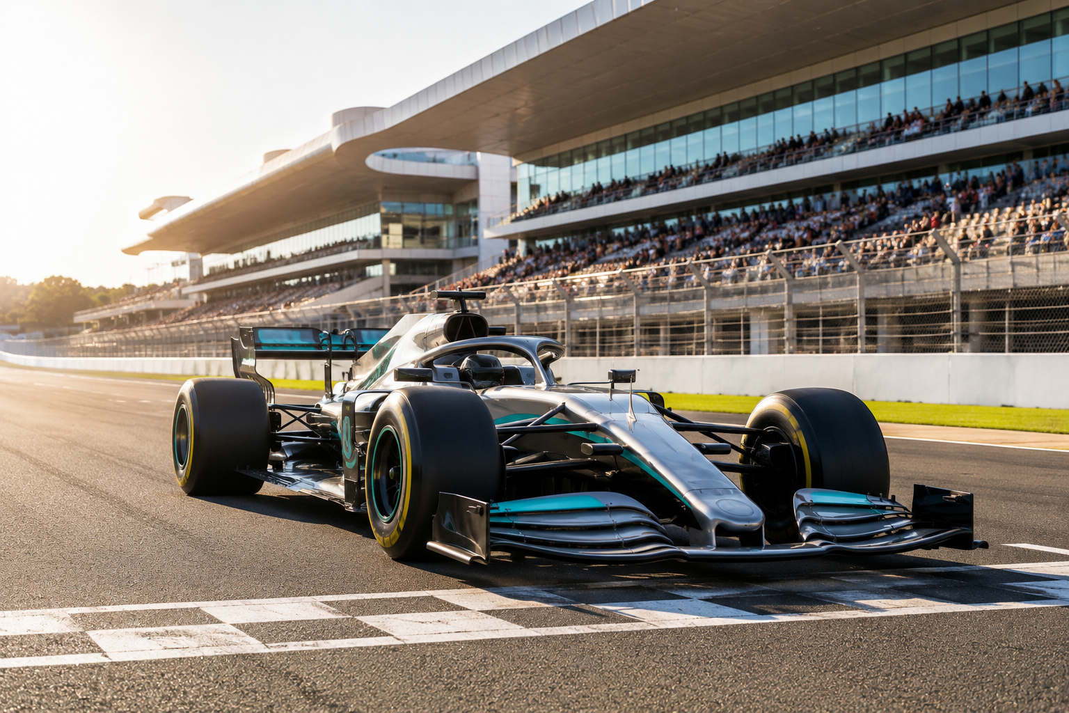 Modern Formula 1 race car positioned on a sunlit racing circuit near the starting line, with grandstands and spectators in the background, representing the evolution of Formula 1 from its origins in 1950 to today's technologically advanced motorsport era.