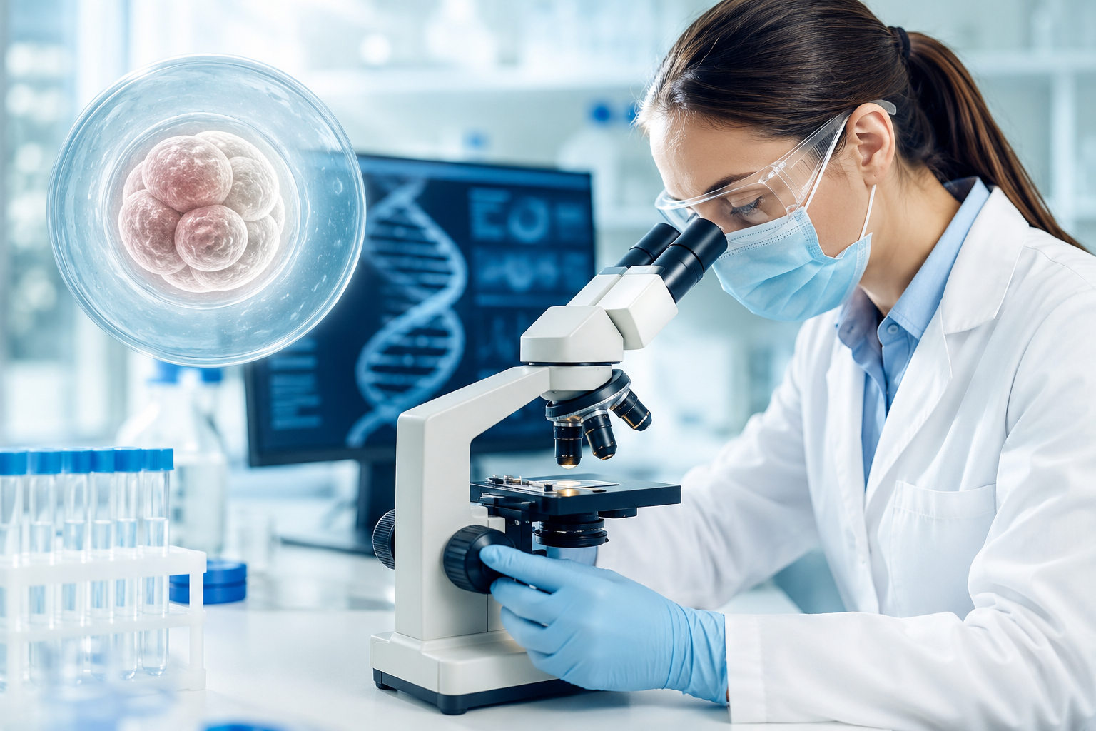 Bright modern biotechnology laboratory where a scientist examines genetic samples under a microscope, with a DNA helix and an early-stage human embryo visualized in the background, symbolizing advances in precision gene editing and embryo research.
