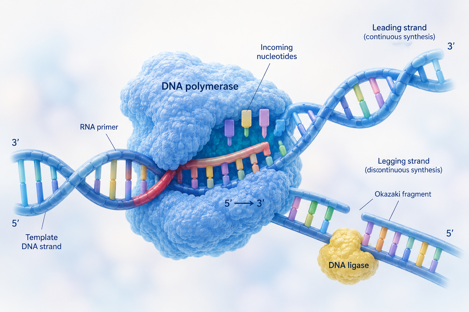 Bright scientific illustration showing a DNA polymerase enzyme synthesizing a new DNA strand during replication, with a DNA double helix structure and molecular components depicted in a clean, modern biotechnology style