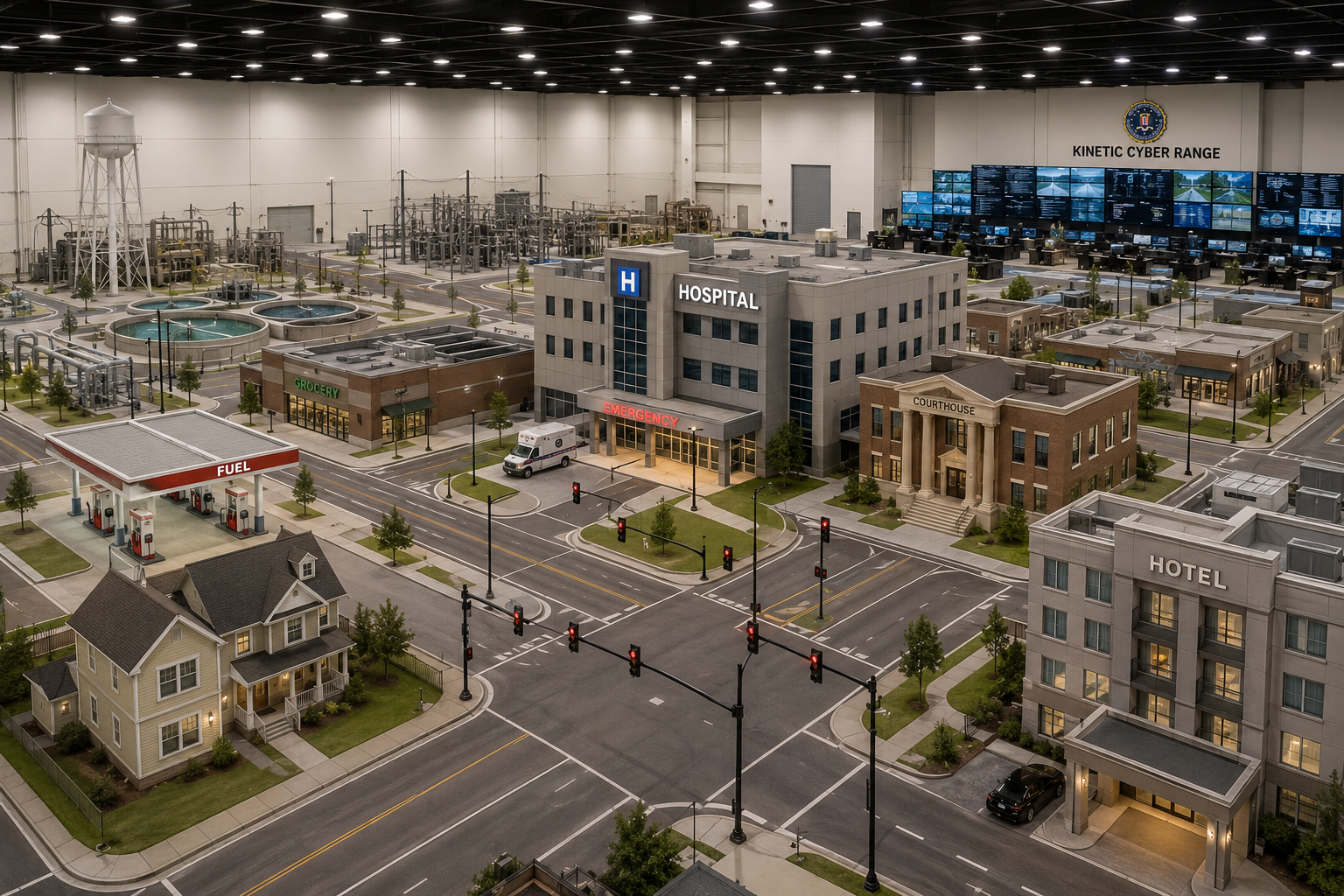 Wide, bright view of a realistic indoor mock city used for cybersecurity training, featuring a hospital, courthouse, hotel, residential buildings, roads with traffic lights, utility infrastructure, and a large operations center monitoring simulated critical infrastructure systems