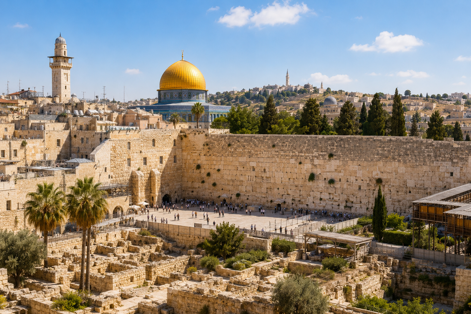 Bright panoramic view of Jerusalem’s historic skyline featuring ancient stone architecture, archaeological ruins, city walls, and prominent religious landmarks under a clear blue sky, symbolizing the long and complex history of Israel and Palestine