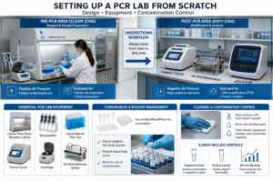 Infographic illustrating the setup of a PCR laboratory, featuring separate Pre-PCR and Post-PCR work areas connected by a unidirectional workflow. The Pre-PCR section shows reagent and sample preparation inside a laminar flow hood under positive air pressure, while the Post-PCR section includes a thermal cycler, gel electrophoresis system, and qPCR instrument operating under negative air pressure. Additional panels highlight essential PCR laboratory equipment, certified consumables, reagent aliquoting, surface decontamination, and the use of positive and negative controls to prevent contamination and ensure reliable PCR results