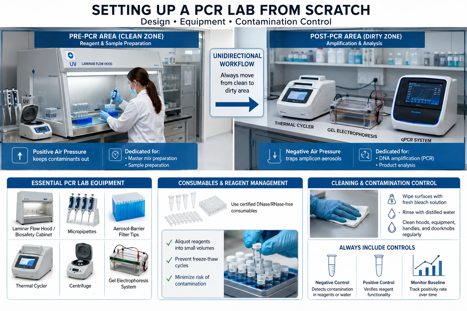 Infographic illustrating the setup of a PCR laboratory, featuring separate Pre-PCR and Post-PCR work areas connected by a unidirectional workflow. The Pre-PCR section shows reagent and sample preparation inside a laminar flow hood under positive air pressure, while the Post-PCR section includes a thermal cycler, gel electrophoresis system, and qPCR instrument operating under negative air pressure. Additional panels highlight essential PCR laboratory equipment, certified consumables, reagent aliquoting, surface decontamination, and the use of positive and negative controls to prevent contamination and ensure reliable PCR results