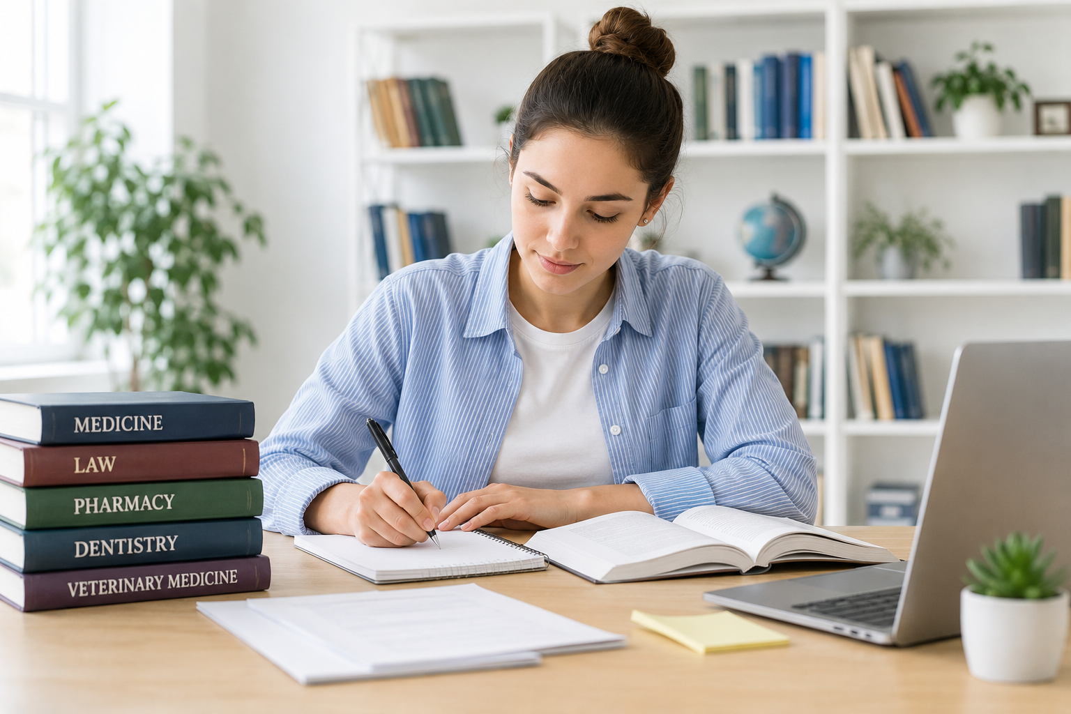 Bright and modern study environment featuring a university student reviewing academic materials at a desk with books, a laptop, and study notes, representing professional degree programs and advanced higher education pathways