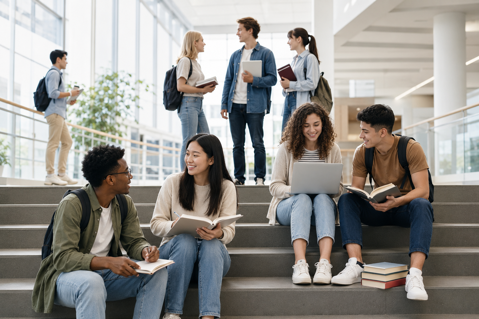 Bright and modern educational campus interior with diverse students studying, collaborating, and discussing academic projects, representing post-secondary education opportunities including colleges, universities, and higher learning programs.