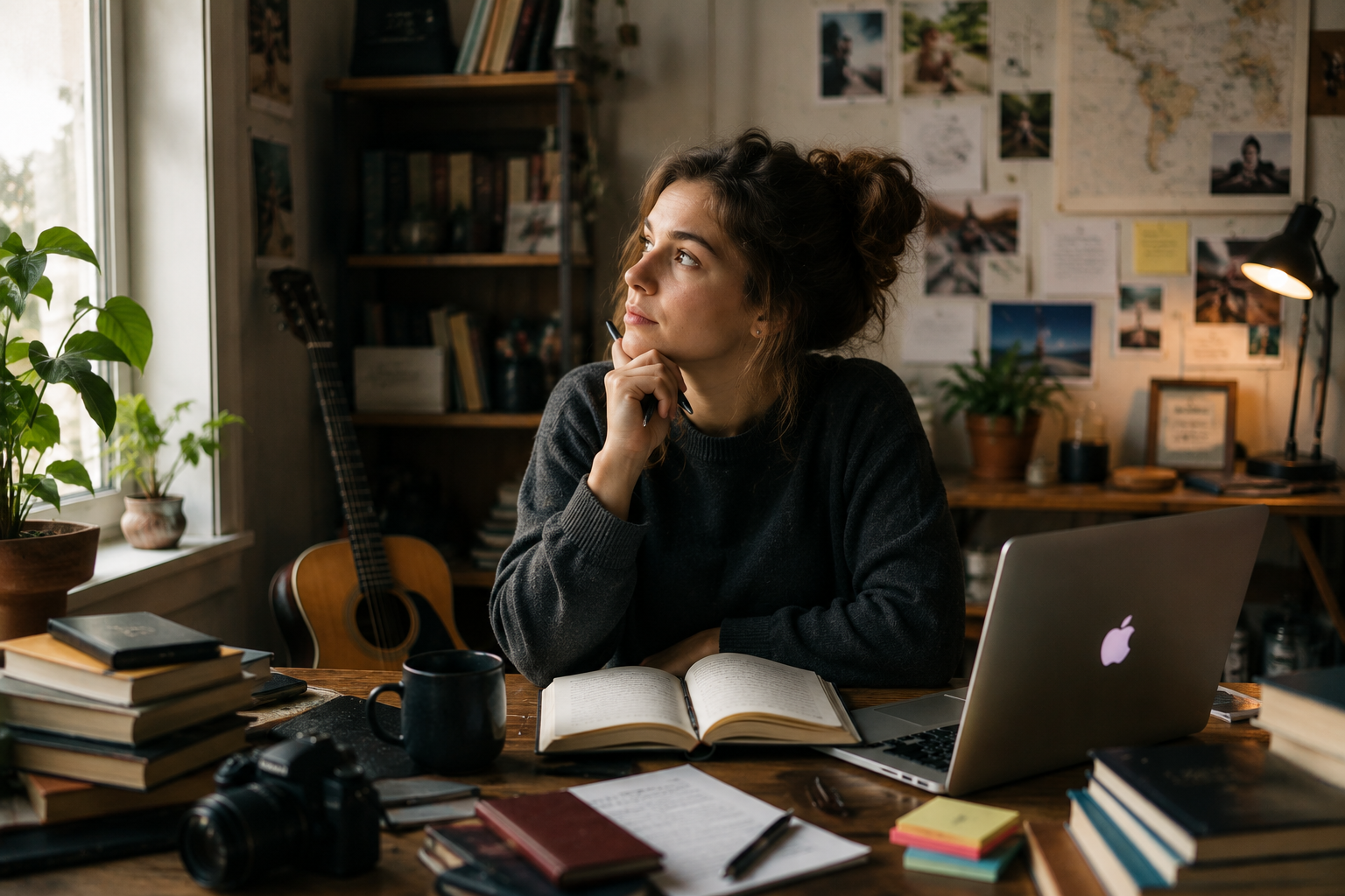 A bright, cozy workspace featuring a thoughtful young adult reflecting with a notebook while surrounded by books, a laptop, a camera, a guitar, and creative materials. The scene symbolizes self-discovery, lifelong learning, creativity, personal growth, and the journey of finding meaningful passions that align with one's interests, values, and long-term goals. There are no text overlays, graphics, or infographic elements