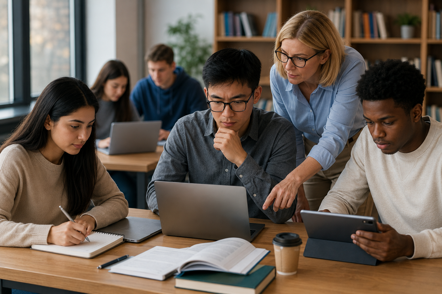 Scene of university students and an instructor collaborating in a modern classroom using laptops, tablets, notebooks, and digital learning resources. The image represents the integration of generative AI into higher education, highlighting technology-enhanced learning, academic collaboration, personalized instruction, and the evolving role of artificial intelligence in modern teaching and research. There are no text overlays, graphics, or infographic elements