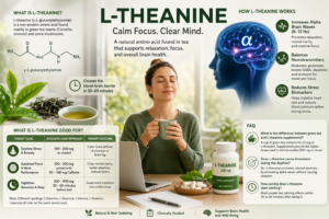 Illustration of L-theanine as a natural nootropic, featuring a person peacefully drinking green tea while working at a laptop. The image includes tea leaves, an L-theanine supplement bottle, a brain graphic highlighting alpha brain wave activity, and visual elements representing relaxation, improved focus, balanced neurotransmitters, and stress reduction. The scene emphasizes L-theanine's role in promoting calm alertness, cognitive performance, and overall brain health