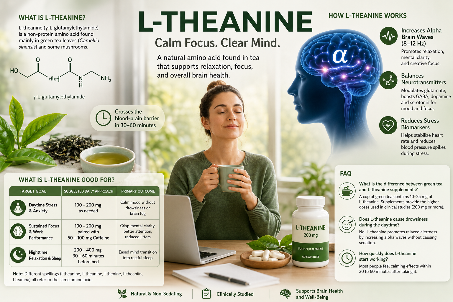 Illustration of L-theanine as a natural nootropic, featuring a person peacefully drinking green tea while working at a laptop. The image includes tea leaves, an L-theanine supplement bottle, a brain graphic highlighting alpha brain wave activity, and visual elements representing relaxation, improved focus, balanced neurotransmitters, and stress reduction. The scene emphasizes L-theanine's role in promoting calm alertness, cognitive performance, and overall brain health