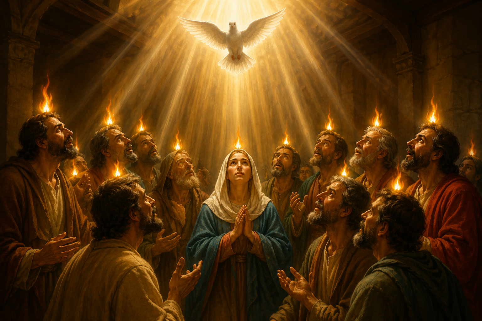 Symbolic biblical illustration depicting the descent of the Holy Spirit upon the Virgin Mary and the Apostles gathered in the Upper Room on Pentecost. Rays of divine light stream from above as a white dove, representing the Holy Spirit, descends over the disciples, with tongues of fire resting above their heads. The scene conveys the spiritual significance of Pentecost as the birth of the Christian Church, the fulfillment of Christ's promise, and the outpouring of the Holy Spirit, without any text, graphics, or overlays
