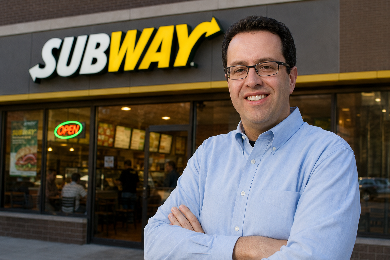 Realistic exterior view of a modern Subway restaurant with customers visible inside through large glass windows. The storefront is shown in a clean urban setting, symbolizing the company's public image, brand identity, and the long-term marketing challenges associated with a major spokesperson scandal. There are no text overlays, graphics, or infographic elements
