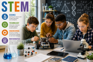 Modern classroom scene featuring students collaborating on a robotics project while using laptops, laboratory equipment, and engineering tools. Alongside the classroom activity, the image displays the STEM acronym with its four disciplines—Science, Technology, Engineering, and Mathematics—highlighting the interdisciplinary nature of STEM education. The scene symbolizes hands-on learning, scientific inquiry, problem-solving, innovation, and collaborative education, with the STEM components clearly labeled
