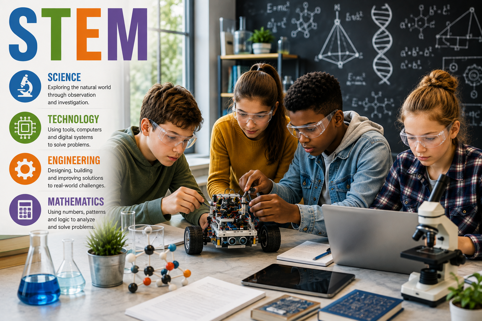 Modern classroom scene featuring students collaborating on a robotics project while using laptops, laboratory equipment, and engineering tools. Alongside the classroom activity, the image displays the STEM acronym with its four disciplines—Science, Technology, Engineering, and Mathematics—highlighting the interdisciplinary nature of STEM education. The scene symbolizes hands-on learning, scientific inquiry, problem-solving, innovation, and collaborative education, with the STEM components clearly labeled
