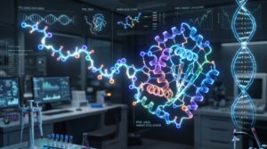 3D visualization of a linear amino acid chain folding into a complex protein structure in a bioinformatics laboratory