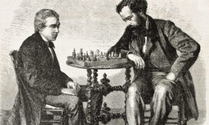 Historical engraving of two 19th century gentlemen playing a game of chess on an ornate wooden table